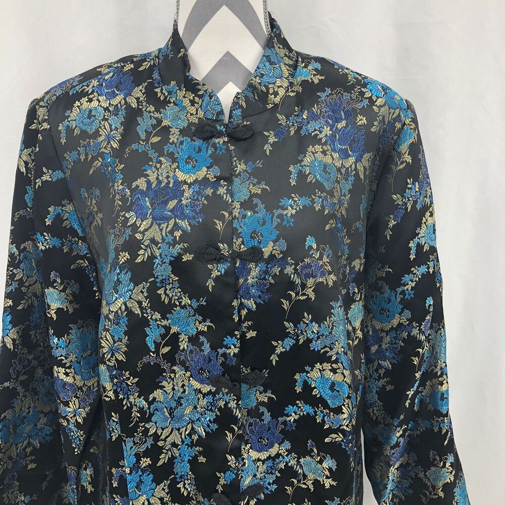 Dressbarn Collection Asian Inspired Floral Black Blue Satin Silver Jacket Large
